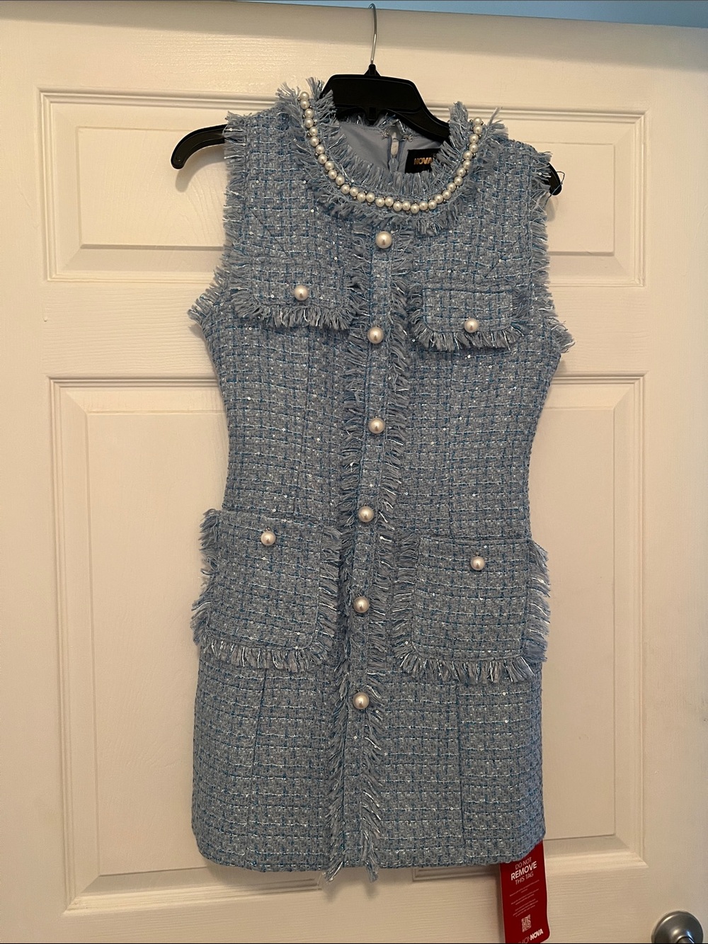 Novaluxe Light Blue Tweed Pearl-Button Shift Dress